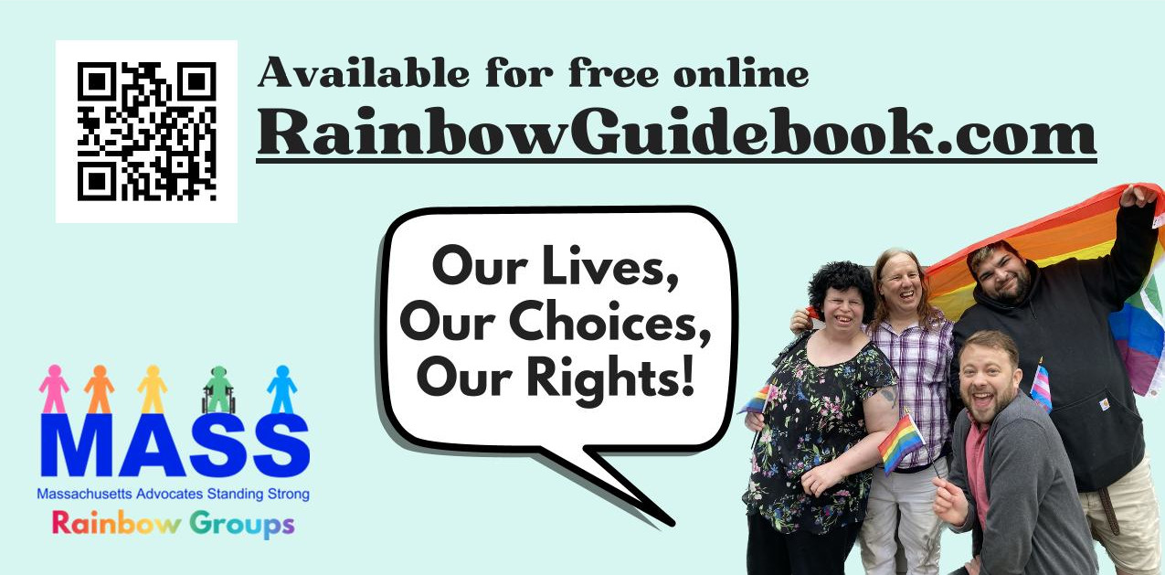 A flier for the Rainbow Support Group Guidebook for LGBTQ+ and Intellectual and Developmental Disabilities. There is a photograph of four people holding a pride flag behind themselves in the lower-right corner.