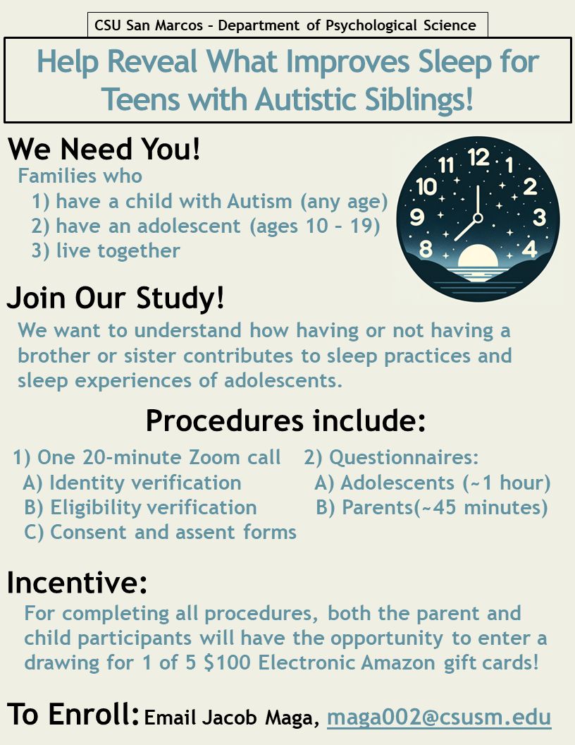 Help Reveal What Improves Sleep for Teens with Autistic Siblings; We Need You! Families who (1) have a child with Autism (any age) (2) have an adolescent (ages 10-19) (3) live together; Join Our Study! We want to understand how having or not having a brother or sister contributes to sleep practices and sleep experiences of adolescents; Proceedures include: (1) One 20-minute Zoom call (A) Identity verification (B) Eligibility verification (C) Consent and assent forms (2) Questionnaires: (A) Adolescents (~1 hour) (B) Parents (~45 minnutes); Incentive: For completing all proceedures, both parent and child participants will have the opportunity to enter a drawing for 1 of 5 $100 Electronic Amazon gift cards!; To Enroll: Email Jacob Maga, maga002@csusm.edu